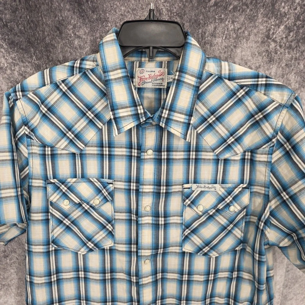 True Religion Western Shirt Mens XL Blue Plaid Pearl Snap Cowboy Rodeo Sawtooth*